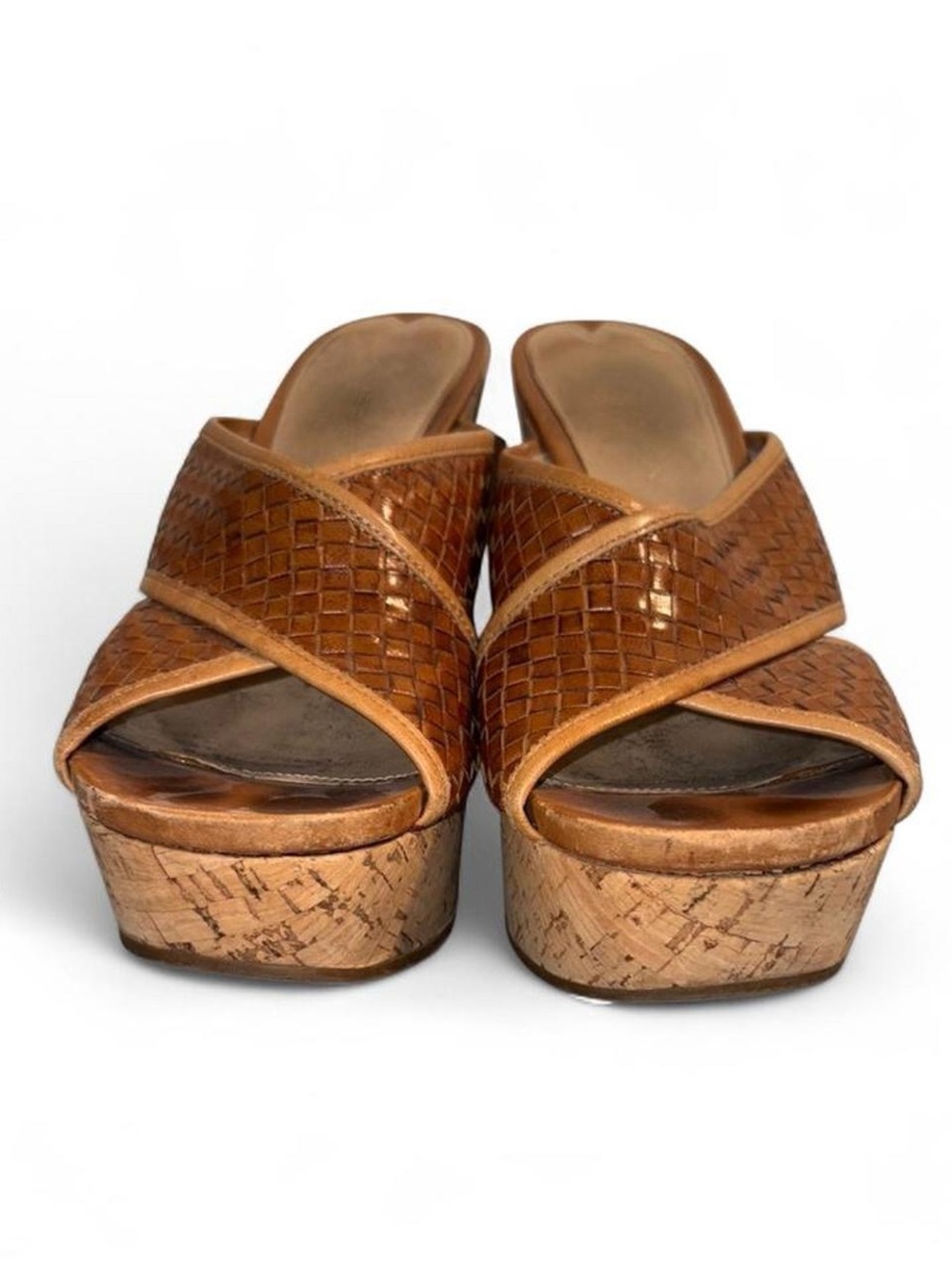 Via Spiga Tan Woven Leather Cork Wedge Sandals - Picture 2 of 7